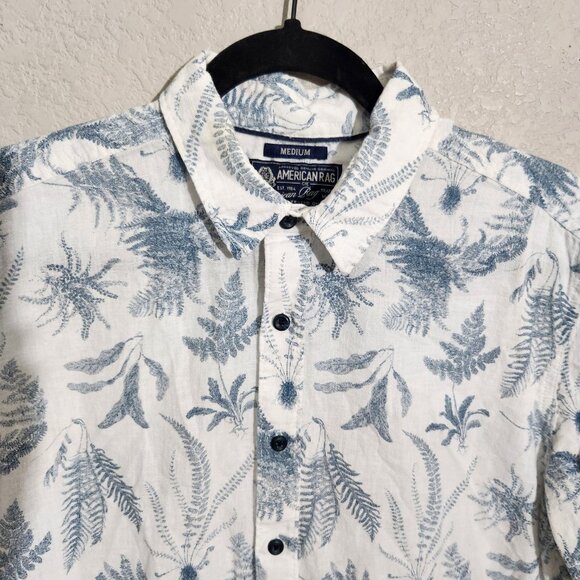American Rag Shirt Mens Medium White Blue Button Up Short Sleeve Linen Blend - Picture 9 of 16